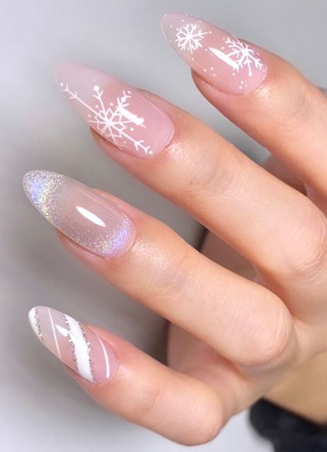 Christmas Nails All Different, Pink Cristhmas Nails, Pink Snowflake Nails Almond, Christmas Nail Designs Nude Color, Pink Chrome Snowflake Nails, Pink Christmas Nails 2022, Candy Cane And Snowflake Nails, Pink Christmas Nail Designs Acrylic, Light Pink Snowflake Nails