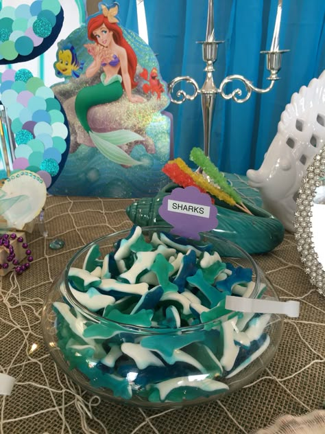 Under The Sea Candy Bar Ideas, Mermaid Snack Table, Mermaid Birthday Sweet Table, The Little Mermaid Candy Table, Mermaid Birthday Theme Decorations, Mermaid Sweet Table, Under The Sea Candy Bar, Mermaid Snack Ideas, Mermaid Treat Table