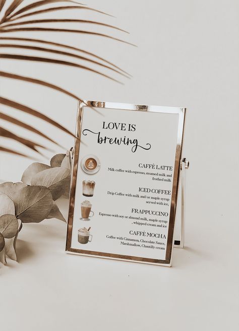 "This Beautiful Editable Coffee Menu Template is perfect for almost any occasion. Included but not limited to Weddings, Bridal Shower, Bachelorette Parties, Holiday Parties, and Birthday Parties. Choose from 60+ coffee illustrations and customize the design to make it your own. Available for INSTANT EDIT AND DOWNLOAD USING CORJL. **50% OFF ANY THREE ITEMS USE CODE: PLP50** TRY BEFORE YOU BUY FREE DEMO LINK Copy and paste this link into your browser: https://www.corjl.com/d/BEO03 PLEASE NOTE that Coffee Wedding Ideas, Coffee Shop Themed Party, Coffee Bar Menu Ideas, Coffee Wedding Bar, Coffee Bar At Party, Coffee Bar Party Ideas, Coffee Bar For Party, Love Is Brewing Bridal Shower Decor, Coffee Bar Bridal Shower Ideas