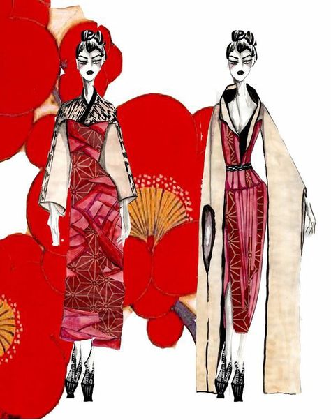 Kimono Fashion Drawing, Kimono Fashion Illustration, Kimono Inspired Fashion, Inspired Fashion Illustration, Japanese Inspired Fashion, Fish Fashion, Kimono Art, Japan Illustration, Kimono Japan