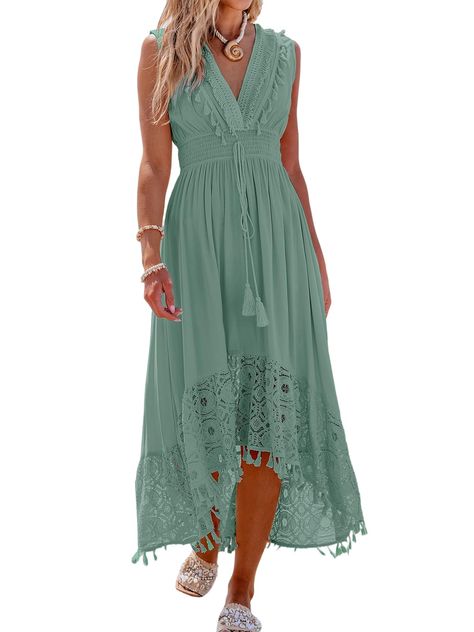 PRICES MAY VARY. [Unique Design]: Let us take for a touch of boho charm! Check out the mint green lace & tassel sleeveless maxi dress! With v neck, sleeveless, tassel detail, lace hem, smocked waist, a line and maxi length. Its relaxed silhouette and playful details are perfect for laid-back days or catching up with friends. [Perfect Sizing]: Available in XS=US(0-2), S=US(4-6), M=US(8-10), L=US(12-14), XL=US(16-18）. Please refer to our size chart for specific measurements to achieve the perfect Boho Dress Formal, Lace Tassel, Maxi Dress V Neck, Formal Long Dress, Beach Formal, Women's A Line Dresses, Cover Up Beach, Mint Green Dress, Beach Coverup Dress