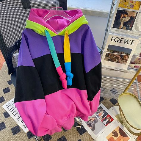 Color: Pink Funky Hoodie, Color Block Hoodie, Casual Hooded Sweatshirt, Streetwear Fits, Coat Women Fashion, Womens Sweatshirts Hoods, Sweatshirt For Women, Color Fashion, Colorful Hoodies