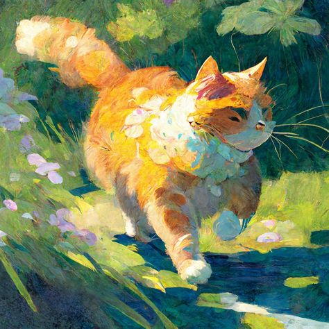 Cat In Nature Painting, Digital Cat Drawing, Cat Painting Simple, Acrylic Painting Animals, Cats In Water, Ragdoll Cat Art, Cat Oil Painting, Painting Cats, Animal Paintings Acrylic