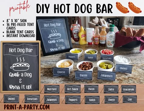 Feed a lot of people quickly and easily with this Hot Dog Bar printable. Easy to print Hot Dog sign, foldable tent cards including 25 pre-filled foods and condiments, and blank tent cards too. Also included as a bonus: recipes on tent cards to display different hot dog recipes! The Sign says: Hot Dog Bar Grab a Dog & Dress it Up! The pre-filled labels included are the following: Onions, Tomatoes, Bacon, Pickles, Salsa, Peppers, Jalapenos, Relish, Cheese, Chili, Guacamole, Cole Slaw, Baked Beans, Hot Dog Station, Hot Dog Buffet, Salsa Peppers, Hot Dog Sign, Hot Dog Party, Dog Station, Party Food Bars, Party Food Bar, Turkey Dogs