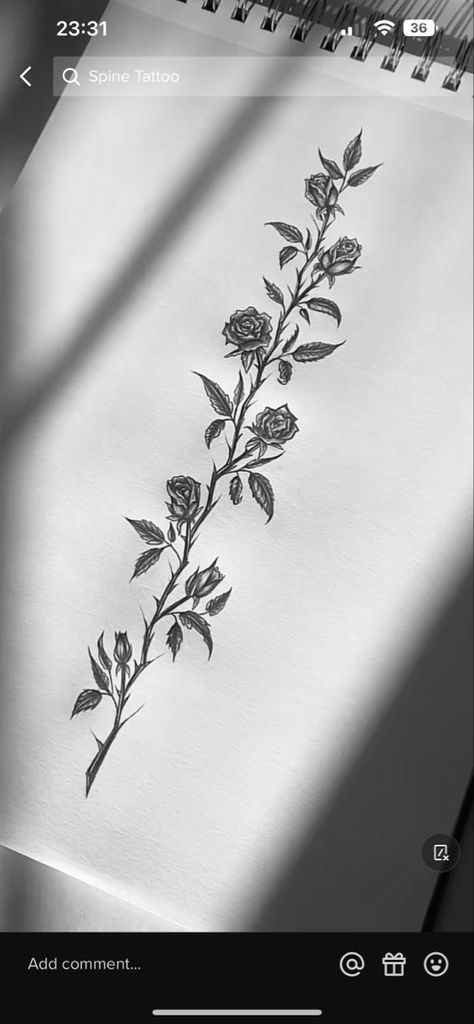 Roses Wrap Around Tattoo, Beautiful Vine Tattoo, Rose Vine Tattoo Design, Writing With Flower Tattoo, Roses On A Vine Tattoo, Rose Vine With Thorns Tattoo, Rose And Snake Spine Tattoo, Fine Line Rose Spine Tattoo, Rose And Vines Drawing