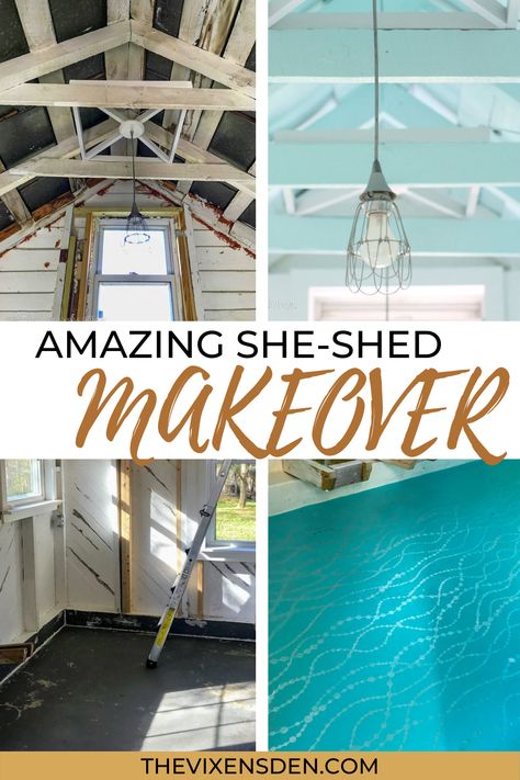 Outdoor Shed Makeover Interior, Paint Shed Floor, Painting Metal Shed, She Shed Ceiling Ideas, Shed Ceiling Ideas, Shed Ideas Inside, Shed Paint Colours, She Shed Makeover, Metal Roof Coating