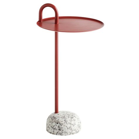 Bowler is a small round table designed by Shane Schneck for HAY. The table’s appearance is characterised by a sturdy granite base as well as a distinctive handle on the table top. Growing out of the base, the table’s stem extends upwards through the tray-like table top, creating a curve that doubles as a practical handle. The compact side table is ideal for smaller space and available in several colours. Hay Tray Table, Table Tile, Hay Table, Hay Side Table, Nordic Design Kitchen, Nordic Design Bedroom, Small Round Table, Simple Side Tables, Nordic Interior Design