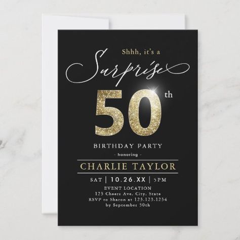 $2.98 | Modern black and gold adult surprise 50th birthday #surprise party invitations, personalized birthday party invitations, white black and gold, elegant typography, simple adult birthday invitations, milestone birthday invitations, modern surprise script, surprise 50th birthday invitations, gold glitter number, shhh it's a surprise Milestone Birthday Invitations, Surprise 30th Birthday, Surprise 60th, Surprise 40th, Surprise 50th, 90th Birthday Invitations, Surprise Party Invitations, Surprise Birthday Invitations, Glitter Number