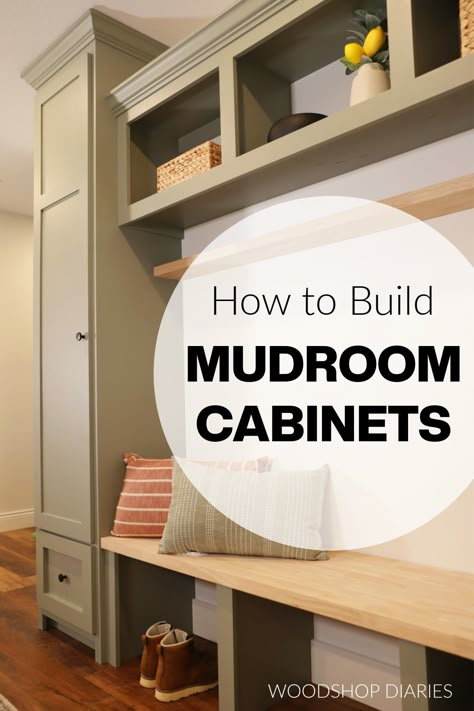 DIY Built In Mudroom Cabinets Diy Cabinet In Laundry Room, Mudroom Shelving Ideas, Entryway Mud Bench, Mud Room With Closets, Entry Bench With Cabinet, Foyer With Windows Entryway, Diy Mudroom With Cabinets, How To Build A Mudroom Locker, Mudroom Closet Diy