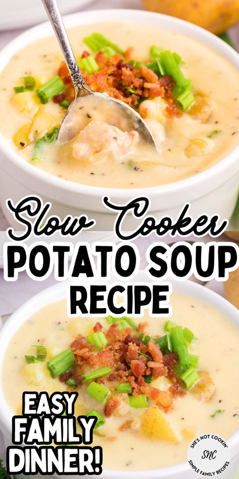 Slow cooker pottao soup in a white bowl with a spoon. Potato Soup With Real Potatoes, Potato Soup Crock Pot Easy, Slow Cooker Potato, Potato Bacon Soup, Slow Cooker Potato Soup, Slow Cooker Potatoes, Crock Pot Potatoes, Potato Soup Easy, Potato Soup Crock Pot