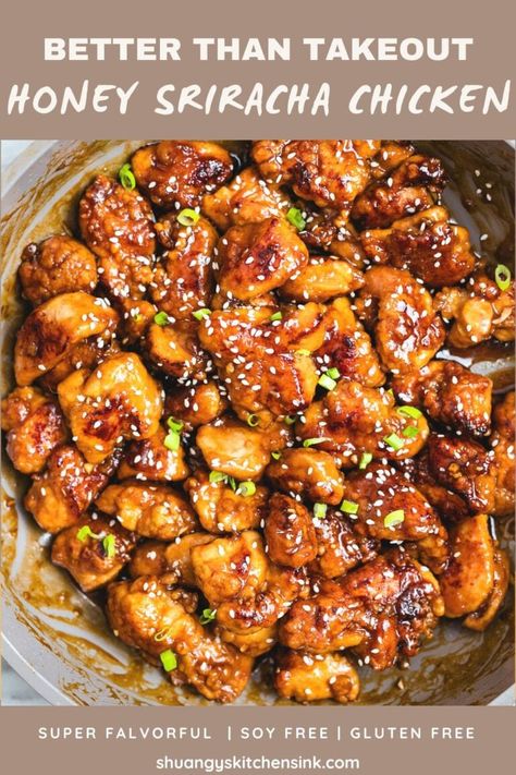 Honey Sriracha Chicken {No Deep Frying} | Shuangy's Kitchensink Chicken Cubes, Honey Sriracha Sauce, Healthy Chinese Recipes, Honey Sriracha Chicken, Sriracha Chicken, Paleo Chicken Recipes, Healthy Honey, Chicken Tender, Sweet And Spicy Sauce