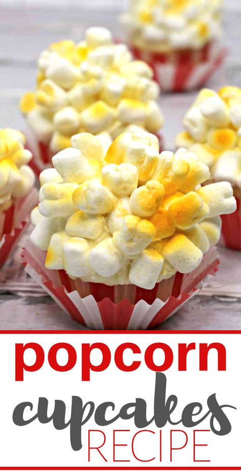 Popcorn cupcakes are such showstoppers and are so easy to make. The secret in the sauce is... marshmallows! This post will show you everything you need to know to pull off this circus themed treat. Popcorn Dessert, Circus Cupcakes, Cute Popcorn, Penguin Cupcakes, Popcorn Cupcakes, Popcorn Theme, Circus Cakes, Marshmallow Popcorn, Cupcake Crafts