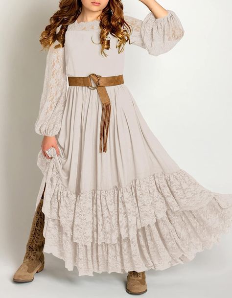 Amazon.com: MITILLY Girls Boho Long Sleeve Backless Lace Flower Square Neck Tiered Ruffle Swing Party Maxi Dress 12 Years Beige: Clothing, Shoes & Jewelry Beige Clothing, Planning A Small Wedding, Party Maxi Dress, Girls Maxi Dresses, Boho Chic Dress, Lace Flower, Dress 12, Maxi Dress Party, Lace Flowers