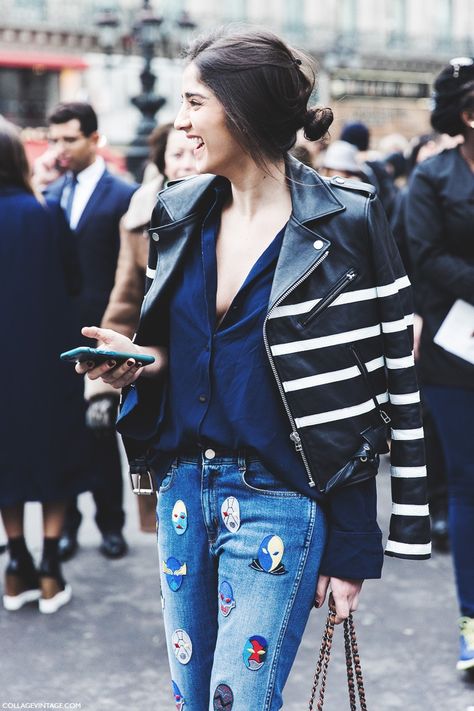 @aljell Alien Faces, Patches Jeans, Striped Leather Jacket, Pfw Street Style, Jeans Trend, All Jeans, Collage Vintage, Leather Jacket Outfits, Embellished Jeans