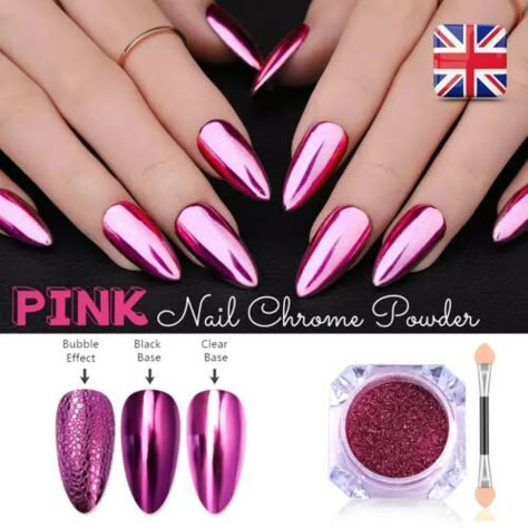 Deep Pink Chrome Nails, Pink Nails With Chrome Powder, Dip Powder Nails Pink, Dark Pink Chrome Nail, Pink Chrome Nail Powder, Hot Pink Chrome Nails, Pink Nails With Unicorn Chrome, Chrome Nails Silver, Gold Chrome Nails