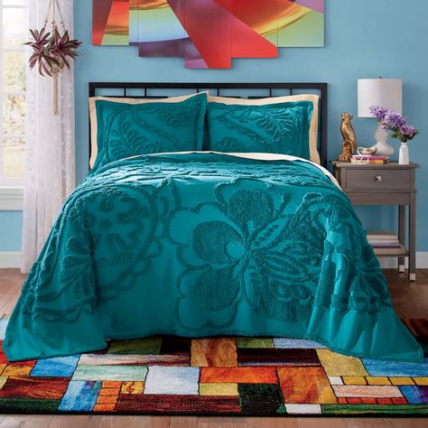 Teal Bedspread Room Ideas, Teal Bedspread, Chenille Bedding, Bathroom Things, Funky Bedroom, Bedroom Turquoise, Double Bed Designs, Fin Fun, Teal Bedroom