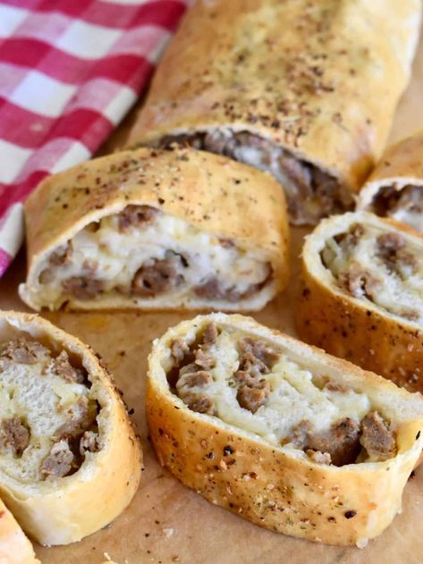 Italian Sausage Bread is a cheesy and delicious recipe using pizza dough rolled up with mozzarella cheese and Italian sausage. This is a simple recipe that's great for any occasion! Pizza Sausage Recipe, Sausage Bread With Pizza Dough, Italian Sausage Bread, Italian Sausage Rolls Recipe, Using Pizza Dough, Sausage Wrap, Sausage Bread, Sausage Pizza, Cheese Sausage