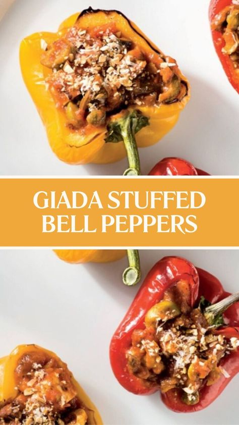 Giada Stuffed Bell Peppers Eggplant Tofu, Stuffed Bell Peppers Recipe, Giada Recipes, Tomato Basil Sauce, Bell Pepper Recipes, Giada De Laurentiis, Bean Curd, Food Words, Sliced Almonds