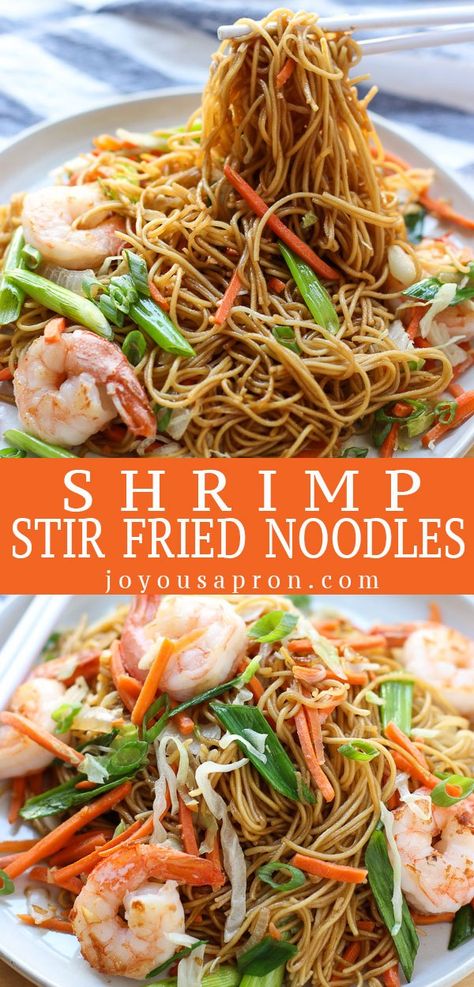 Shrimp Stir Fried Noodles - Your go-to recipe for a great stir fried noodle dish! Stir fried egg noodles tossed it a savory sweet sauce, veggies and succulent shrimp. #joyousapron #noodles #stirfry #asian #recipe Shrimp Noodle Stir Fry, Fried Egg Noodles, Joyous Apron, Noodles Dishes, Stir Fry Noodles Recipe, Noodles Shrimp, Shrimp And Veggies, Noodles With Shrimp, Stir Fried Noodles