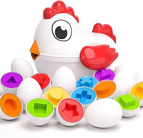 CUTE SORTING & MATCHING TOYS - TEMI sorting toys includes a lovely hen-shaped case with wings and 6 charming easter eggs. Each baby egg contains a different color and shape (star, heart, square etc). Combines great fun shape sorter with fine motors & sensory skills! An ideal learning toy for kids Chicken Easter, Sorting & Stacking Toys, Chicken Toys, Easter Baskets For Toddlers, Egg Toys, Montessori Educational Toys, Easter Toys, Chrismas Gifts, Toddler Easter