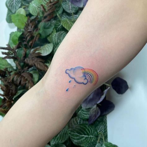 Cloud And Sky Tattoo, Cloud With Rainbow Tattoo, Rainbow After Rain Tattoo, Rainbow Rain Tattoo, Storm Rainbow Tattoo, Pastel Cloud Tattoo, Rain And Rainbow Tattoo, Rainbow After The Storm Tattoo, Somewhere Over The Rainbow Tattoo Ideas