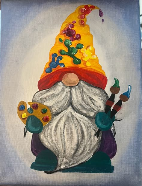 Gnomes Canvas Painting, Painted Gnomes On Canvas, Painter Gnome, Christmas Gnome Acrylic Painting, Cowboy Gnome Painting, Gnome Paintings, Horse Drawings, Diy Canvas Art Painting, Diy Canvas