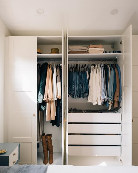 How We Designed Our IKEA PAX Wardrobe | Jess Ann Kirby Pax Closet Ideas, Build In Wardrobe, Pax Ideas, Wardrobe Storage Ideas, Office Dressing Room, Pax Ikea, Pax Closet, Built In Wardrobes, Wardrobe Organization