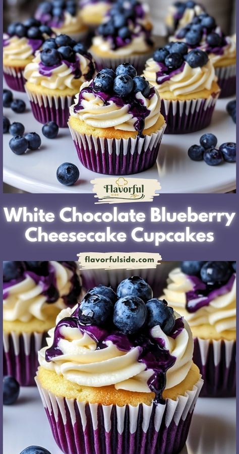 Rich and creamy cheesecake cupcakes with a burst of blueberry and white chocolate. White Chocolate Blueberry Cheesecake, Chocolate Blueberry Cheesecake, Blueberry Cheesecake Cupcakes, Chocolate Cheesecake Cupcakes, Chocolate Blueberry, Rich Cheesecake, Sweet Roll Recipe, White Chocolate Cheesecake, Cheesecake Cupcakes