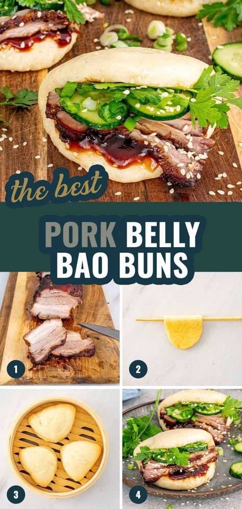 Try these delicious Pork Belly Bao Buns! Tender pork belly, fluffy buns, and fresh garnishes make for an unforgettable meal. #BaoBuns #PorkBelly Pork Belly Bao Buns, Char Sui Pork, Pork Belly Bao, Gua Bao, Spring Roll Recipe, Bao Buns, Pork Buns, Marinated Pork, Easy Pork