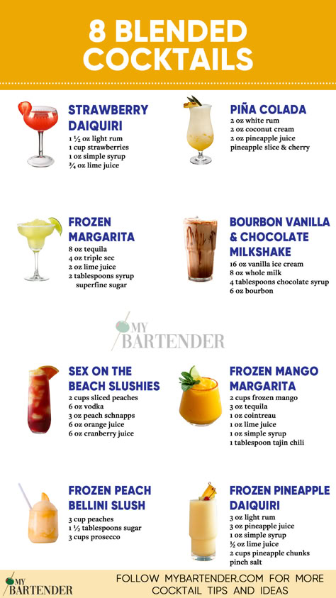 Blended Cocktails Crushed Ice Drinks Non Alcoholic, Blended Mixed Drinks Alcoholic, Frozen Liquor Drinks, Best Frozen Cocktails, Diy Mixed Drinks Alcohol Recipes, Frozen Cocktails Recipes, Slushie Alcohol Drinks, Frozen Alcoholic Drinks Slushies, Frozen Mixed Drinks Alcohol