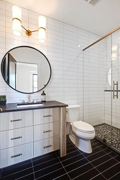 choose stack or stagger throughout your whole house? Do you have to be pro-stack or #GuestBathroom Black Subway Tiles, Bathroom Lighting Design, Subway Tiles Bathroom, Brick Pattern, White Subway Tile, Subway Tiles, Bathroom Trends, Bad Design, Subway Tile