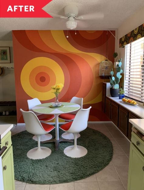 70s Wall Paint, 70s Wall Mural, Before And After Room, Retro Mural, 70s Bathroom, 70s Wall Art, Palm Springs House, Faux Tiles, 70s Interior