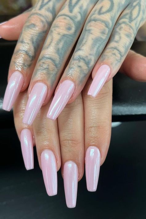 Base Pink Nails, Pink Chrome Nails Coffin Shape, Baby Pink Chrome Nails Square, Pink Nails White Chrome, Pink Crome Nails Coffin, Light Pink Crome Nail, Baby Pink Crome Nails, Icy Pink Nails, Frosted Pink Nails