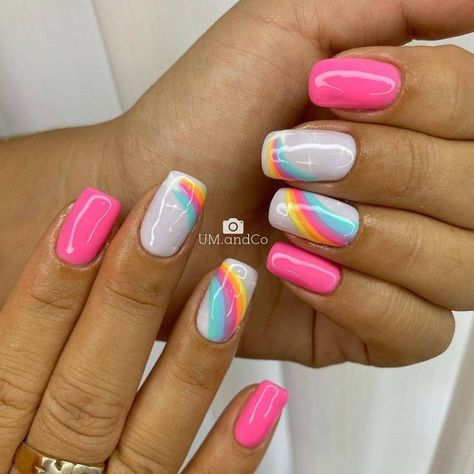 Best and Beautiful Summer Nails 2023 | Summer Nail Trendy Nails With Rainbow Design, Nails Arcoiris, Short Rainbow Nails, Rainbow Gel Nails, Beautiful Summer Nails, Nails Swirl, Rainbow Nail Art Designs, Watermelon Nail Art, Nails Rainbow