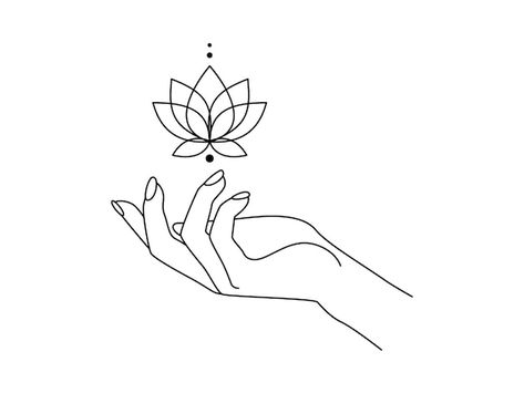 Premium Vector | Vector magic hand with sacred lotus flower line art alchemy spiritual tribal symbol for emblem yoga wellness and meditation school esoteric and mystical design element contour vector illustration Yoga Reference, Yoga Aesthetic Art, Spiritual Drawings Ideas, Spiritual Doodles, Lotus Flower Line Art, Spiritual Line Art, Yoga Line Art, Yoga Poster Design, Healing Symbol