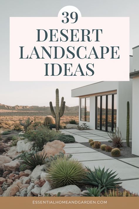 Low Maintenance, High Style: 39 Desert Landscape Ideas to Elevate Your Garden Desert Homes Landscaping, All Gravel Front Yard, Hot Garden Ideas, Scottsdale Landscape Design, Simple Desert Front Yard Landscaping, Side Yard Landscaping Arizona, Arizona Rock Landscaping, Desert Palm Trees Landscaping, Austin Front Yard Landscape