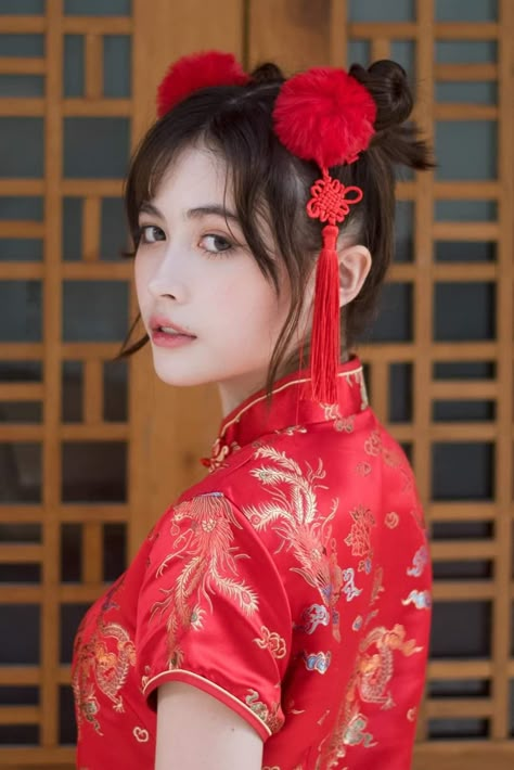 Japanese Party Outfit, Cheongsam Hairstyle, Chinese New Year Hairstyle, Chinese New Year Photoshoot, Chinese New Year Outfits, Chinese New Year Animals, Chinese New Year Hair, Lunar New Year Outfit, Vintage Pinup Photoshoot