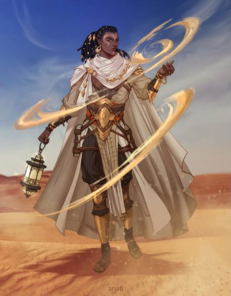 Dnd Desert Character, Desert Character Design, Genie Warlock, Desert Elves, Desert Dnd, Dnd Desert, Desert Dragon, Dnd Things, Half Elf