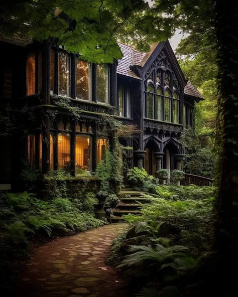 Castle Homes Interior, Fantasy House In The Woods, Dark Fairytale Cottage Aesthetic, Forest Gothic House, Dark Manor Aesthetic Exterior, Mansion In The Woods, Dark Castle Garden Aesthetic, Dark Castle Aesthetic Exterior, Castle In The Woods