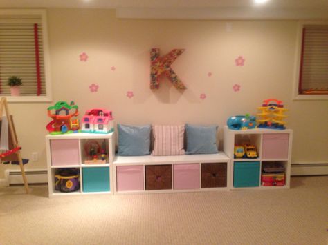 Seating and storage with the IKEA Kallax shelves for playroom design! Soft Toy Storage Ideas, Kallax Kids Room, Ikea Baby Room, Ikea Kids Playroom, Small Bedroom Ideas For Kids, Bear Storage, Kids Playroom Ideas, Ikea Playroom, Toy Storage Ideas