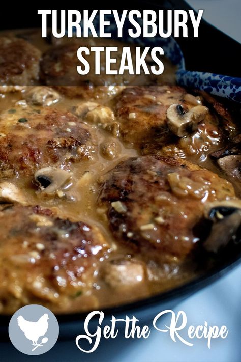 Turkeysbury Steaks in Mushroom Gravy (with Cooking Video) - A Good Life Farm Turkey Burger Salisbury Steak, Oven Turkey Burgers, Brown Mushroom Gravy, Baked Turkey Burgers, Turkey Steaks, Turkey Salisbury Steak, Seasoned Turkey, Oven Burgers, Cosmopolitan Cornbread