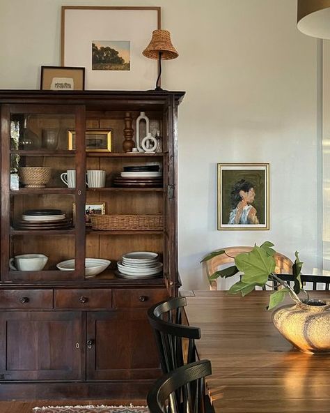 Tradition Interior Design, Dining Room With Open Shelving, Vintage Dining Room Aesthetic, What To Put On Top Of China Cabinet, Old Furniture Aesthetic, Vintage China Cabinet Display, Dining Room Armoire, Styling A Hutch Dining Rooms, Cupboard In Dining Room