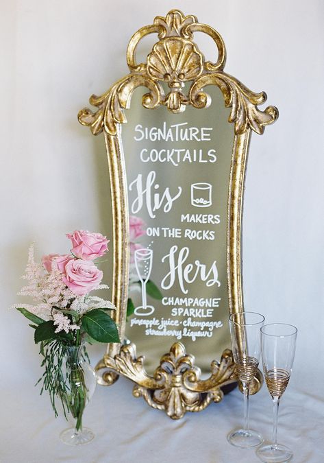 Mirror Drink Sign, Cocktail Hour Mirror Sign, Wedding Specialty Cocktails Sign, Wedding Bar Sign Mirror, Mirror Bar Sign, Mirror Calligraphy, Mirror Signage, Mirror Signs, Art Deco Bride