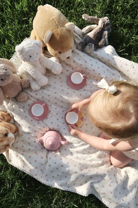 Tea Party With Stuffed Animals, Tea Party Stuffed Animals, Stuffed Animal Picnic, Stuffed Animal Photo Shoot, Stuffed Animal Photography, Picnic With Baby, Stuffed Animal Tea Party, Baby Tea Party, Baby Camping