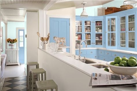 Look at the paint color combination I created with Benjamin Moore. Via @benjamin_moore. Wall: Blue Bonnet 2050-70; Accent Wall: Mocha Cream 995; Cabinets: Sapphire Ice 808; Doors: Sapphire Ice 808. Breakfast Bar Kitchen Wall, Benjamin Moore Kitchen, Teal Paint Colors, Benjamin Moore Classic Gray, Blue Gray Paint Colors, Black Paint Color, Lake House Interior, Color Combinations Paint, Blue Gray Paint