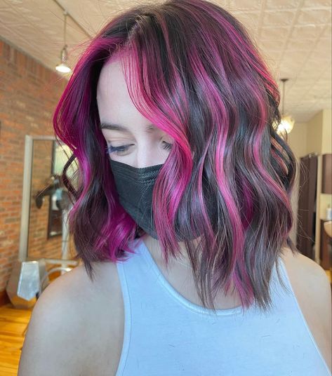 Short Brown Hair With Colored Highlights, Fushia Hair Highlights, Dark Brown Hair With Hot Pink Highlights, Short Hair With Streaks, Pink Highlights In Black Hair Short, Dark Brown Hair With Pink Streaks, Short Brown Hair With Color, Brown And Colorful Hair, Pink Highlights In Dark Hair