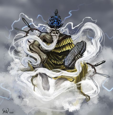 Enlil- Mesopotamian god: god of breath, wind, loft, and breadth. a chief deity. he invented the mattock and helps plants grow. he was the father of the moon god Sin. Enlil God, God Of Air, Sacred Masculine, Ancient Sumerian, Ancient Mesopotamia, The Boogeyman, Asian History, Mythology Art, Mythological Creatures