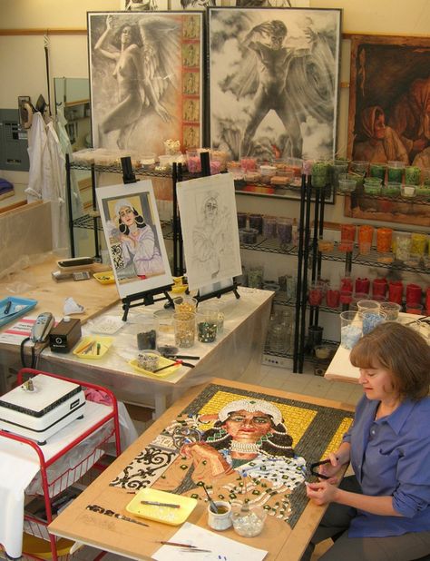 Lilian Broca in her art studio working on last mosaic Mosaic Studio, Craft Organisation, The Artist's Way, Queen Esther, Studio Spaces, Mosaic Inspiration, Art Studio Design, Mosaic Madness, Studio Organization