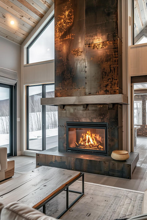 40 Creative Farmhouse Fireplace Ideas for Unique Home Designs Fire Places Ideas Living Room Free Standing, Metal And Stone Fireplace, 2 Fireplaces In One Room, Modern Natural Gas Fireplace, Fireplace Raised Off Floor, Modern Lodge Fireplace, 2 Way Fireplace Indoor, Two Story Corner Fireplace Ideas, Old World Fireplace Ideas