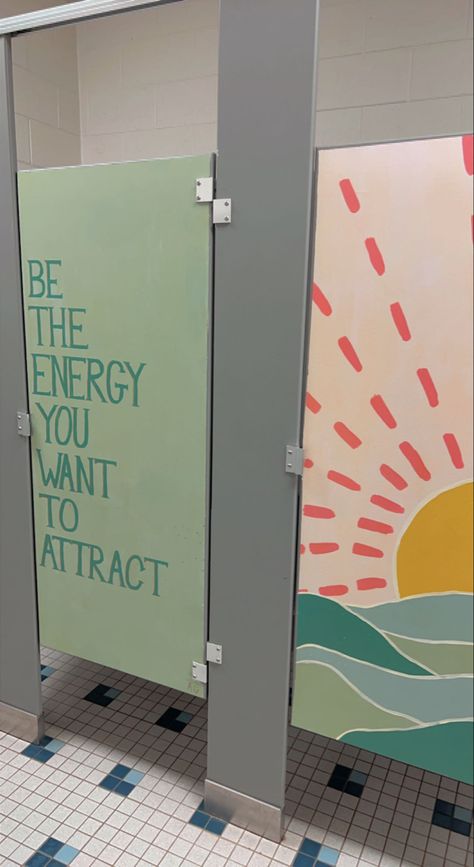 Cute School Bathroom Ideas, Cute Public Bathroom, Elementary School Office Decor, Cool Public Bathrooms, Painted Lockers Ideas, School Gym Decorating Ideas, Art Class Door Ideas, School Beautification Ideas, School Bathroom Decor